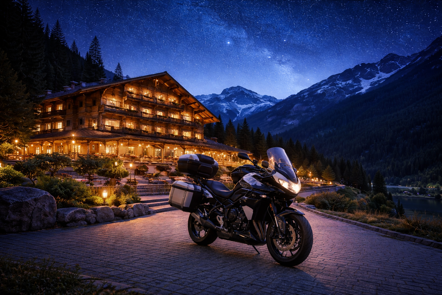 Moto de voyage à l'hôtel la nuit
